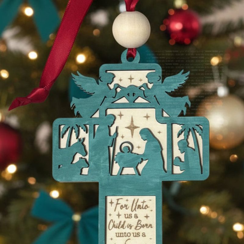 Laser Engraved Nativity Cross Ornament - Isaiah 9:6 - Teal