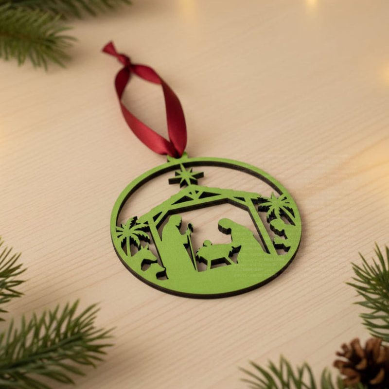 Laser Engraved Round Nativity Ornament - Green